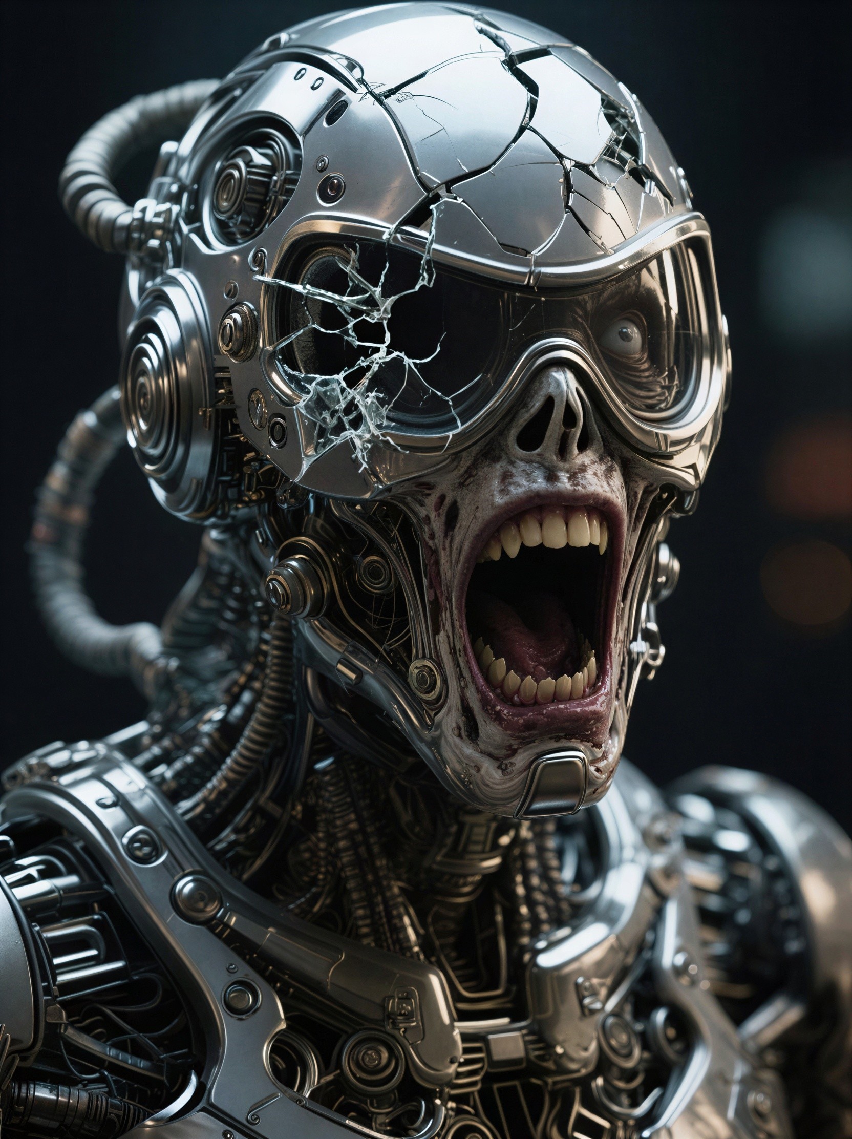 Close-up of a cyborg zombie with cracked armor