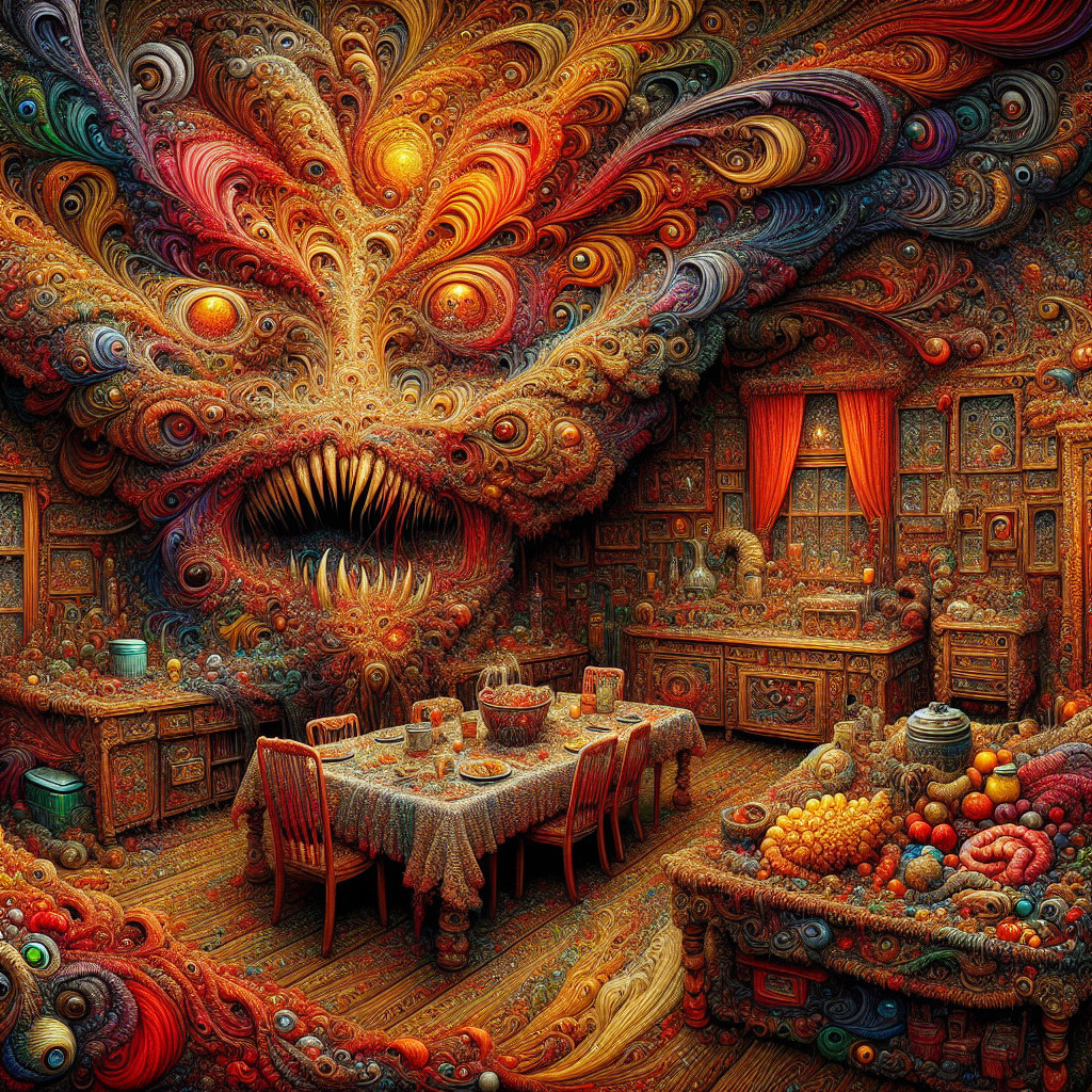 Surreal Kitchen Scene with Ethereal Face and Colorful Details
