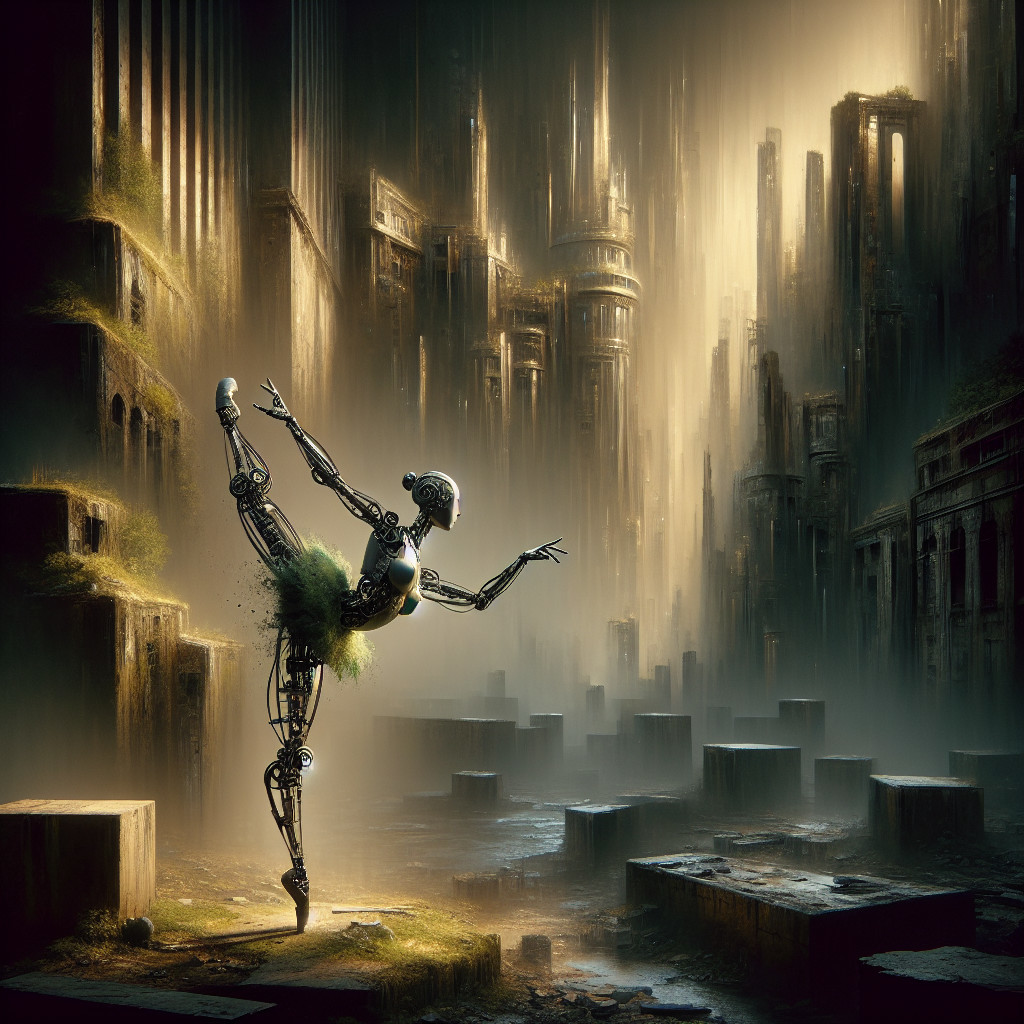 Robot Ballerina in Futuristic Abandoned Cityscape