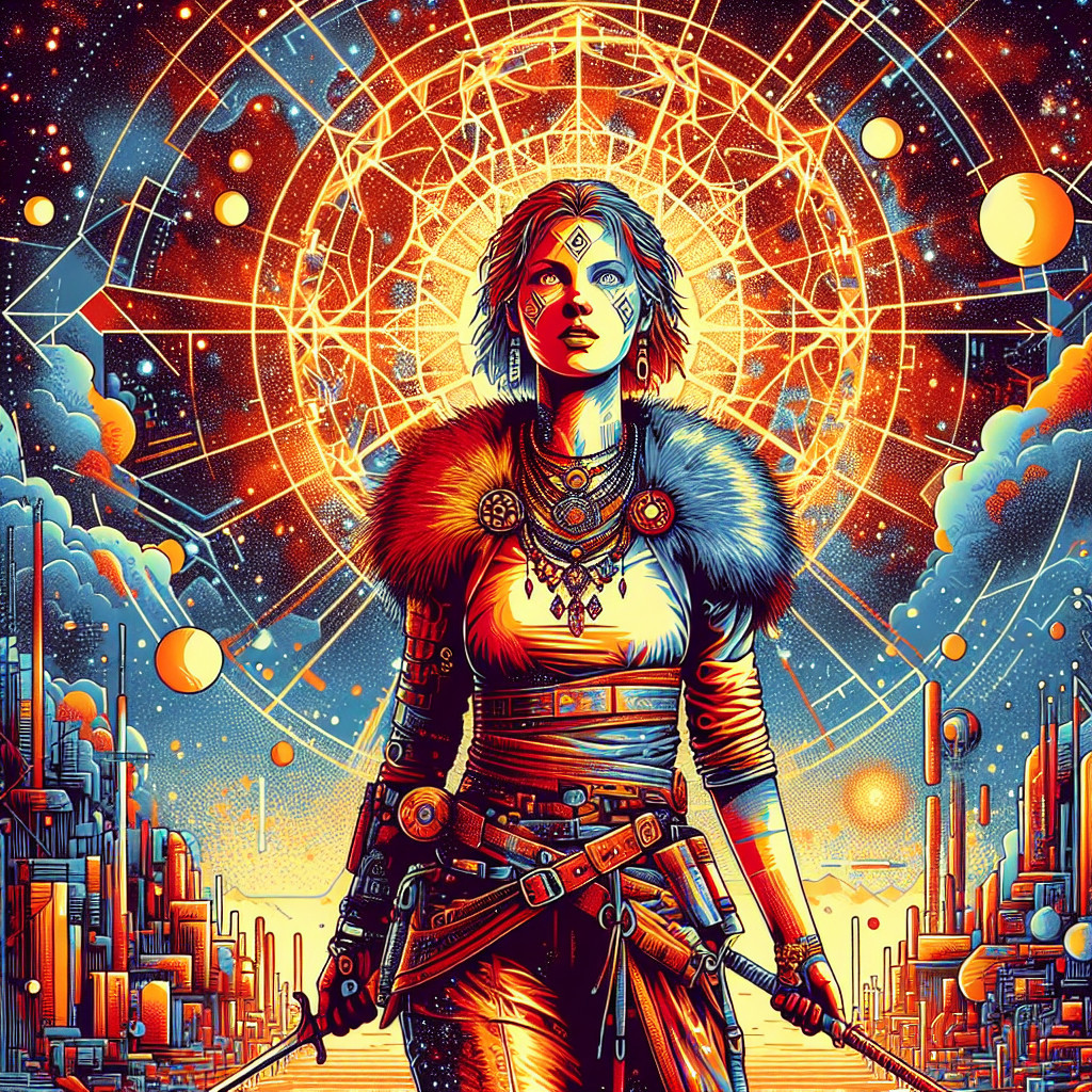 Fierce Warrior in Cosmic Setting with Intricate Details