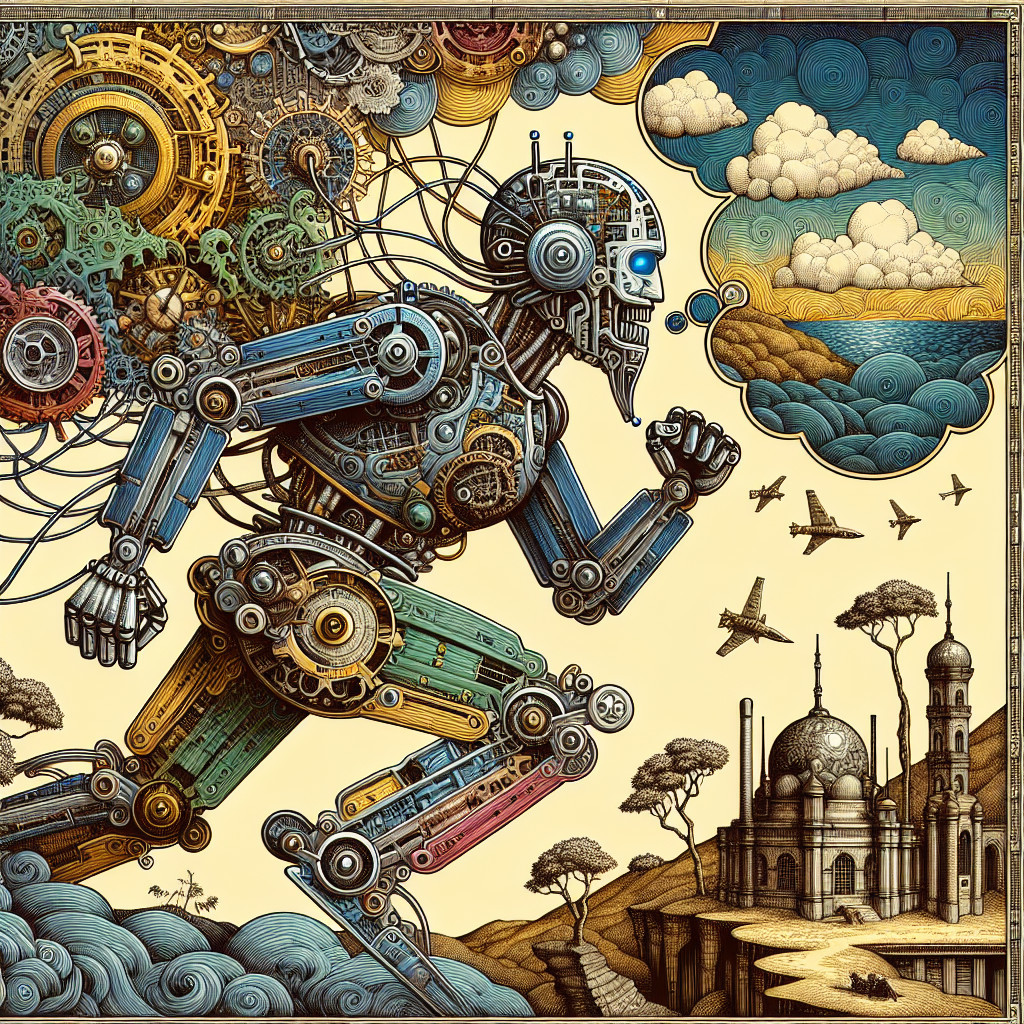 Vintage Woodcut Illustration of Steampunk Robot Running