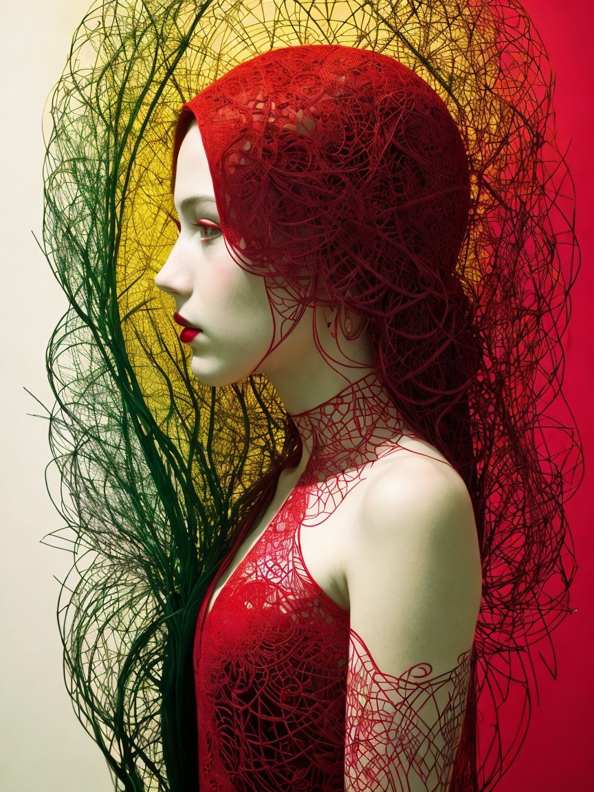 Portrait of a Woman with Woven Patterns and Colors