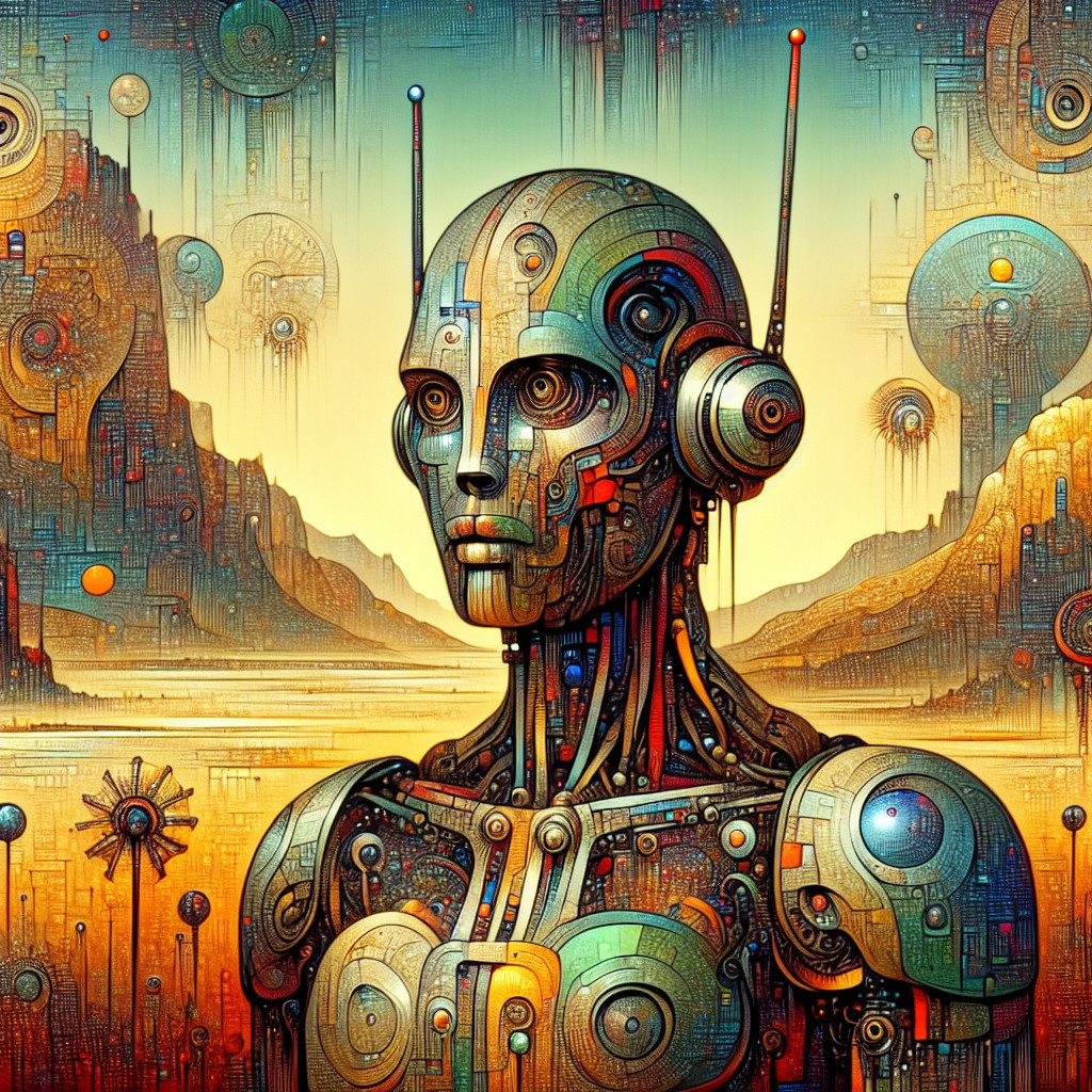 Intricate Cyborg in Alien Landscape with Mountains