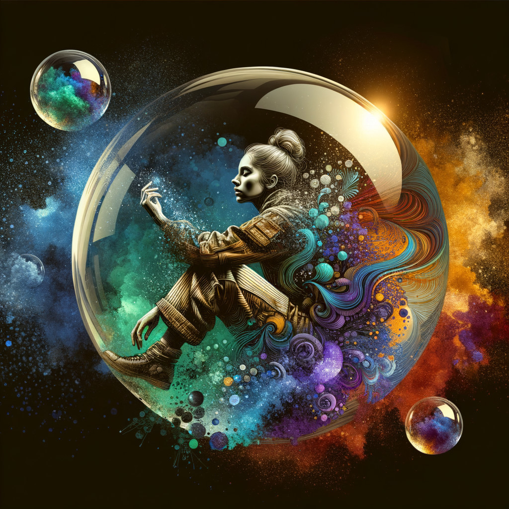 Digital Illustration of a Woman in a Cosmic Bubble