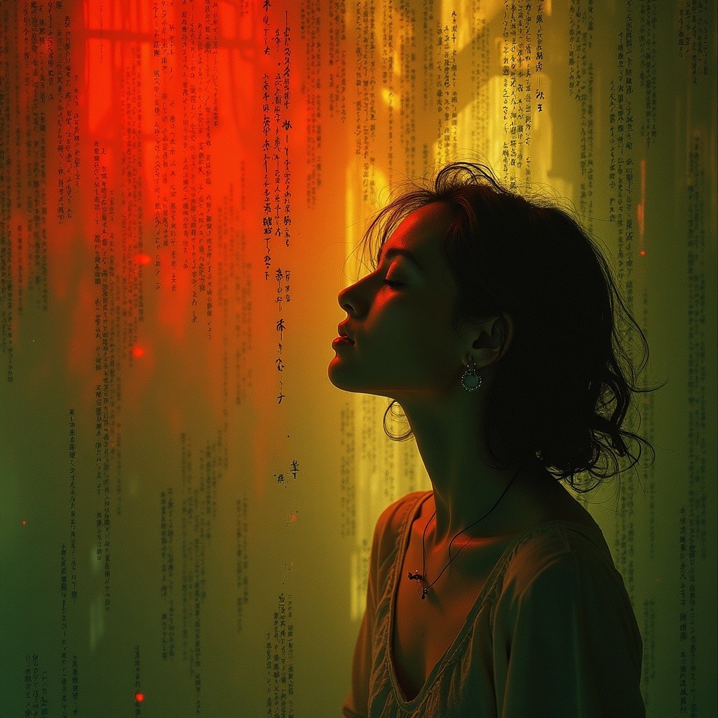 Silhouette of a Woman with Glowing Text Background