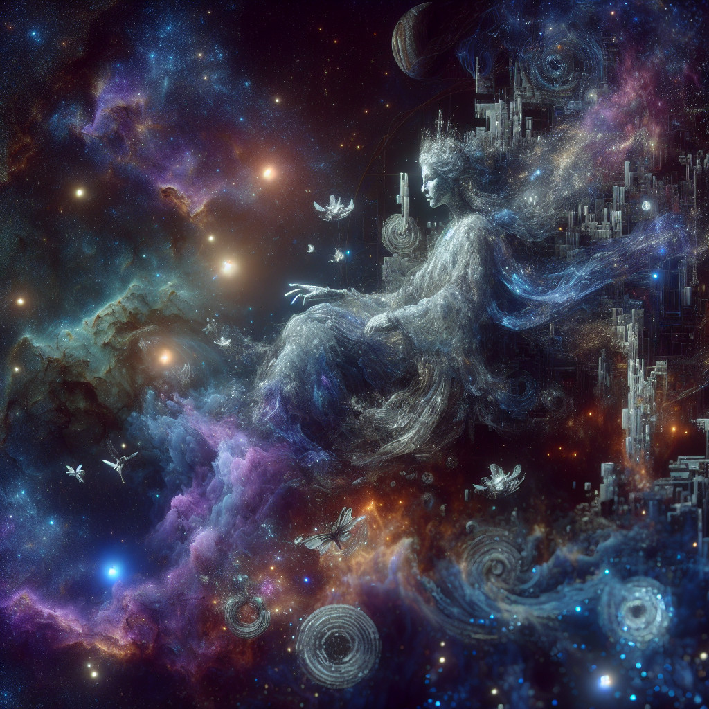 Celestial Figure in Vibrant Cosmic Landscape
