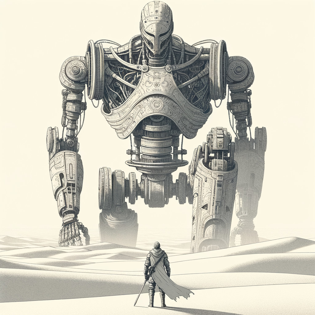 Robot Towering Over Cloaked Figure in Sandy Landscape