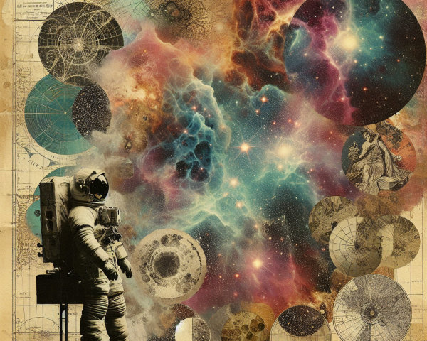 Cosmic Collage of Astronaut and Galactic Scenes