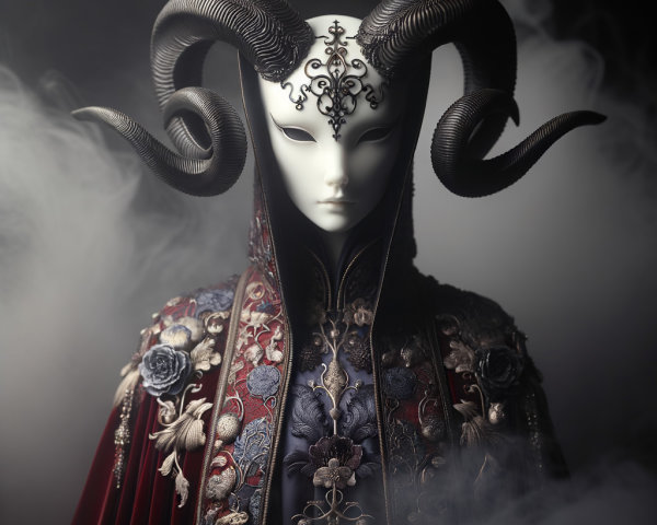 Ornate Figure in Colorful Robe and White Mask