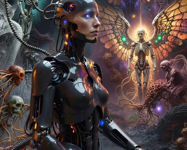 Cybernetic Human Figure in Surreal Fantasy Scene