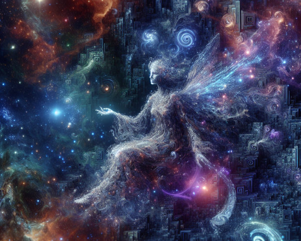 Ethereal Fairy Figure in Cosmic Colorful Landscape