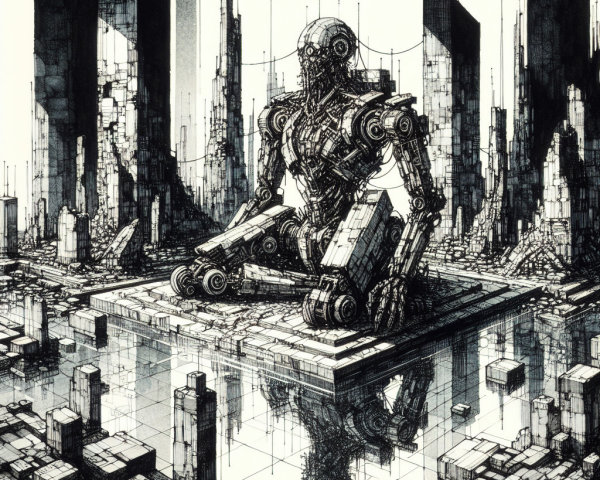 Colossal Robot in Futuristic Monochromatic Landscape