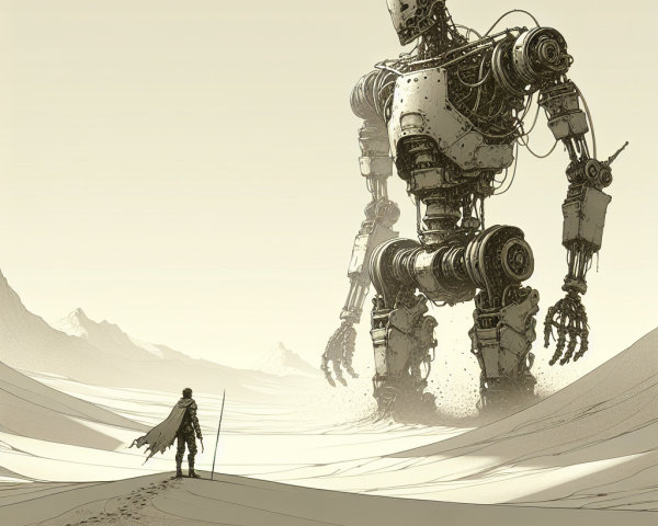 Desert Scene with Human and Giant Rusted Robot
