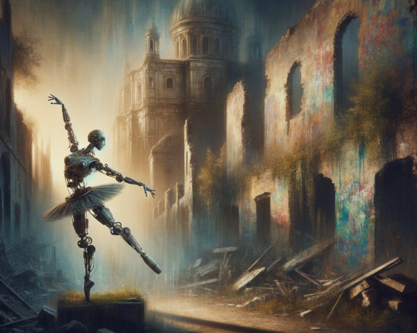 Robotic Ballerina in a Ruined Landscape Scene
