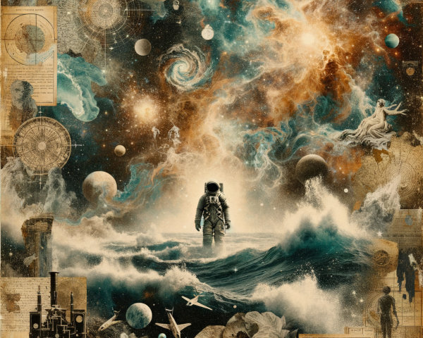 Astronaut in Cosmic Waves and Vibrant Galaxies