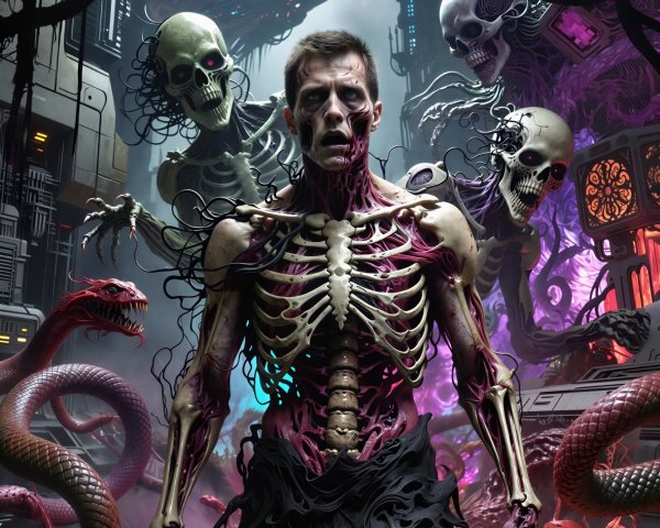 Detailed Illustration of a Skeletal Man Surrounded by Skeletons