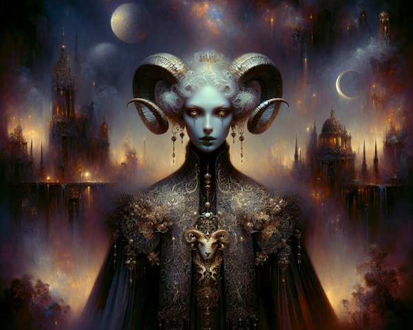 Fantastical figure in cosmic backdrop with celestial elements