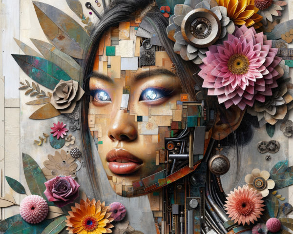 Mixed-Media Portrait of a Woman with Floral Elements