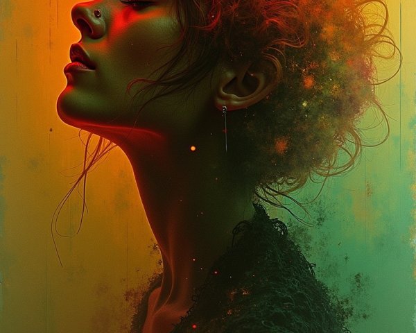 Profile of a Woman with Curly Hair in Vibrant Hues
