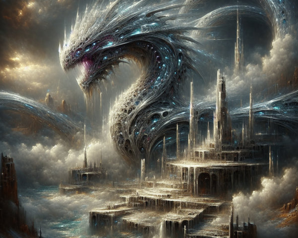 Majestic Dragon Creature Over Fantastical Cityscape