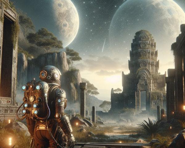 Astronaut in Ancient Temple with Celestial Bodies