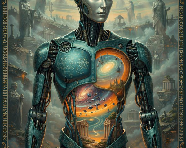 Detailed Fantasy Art of a Metallic Cyborg Figure