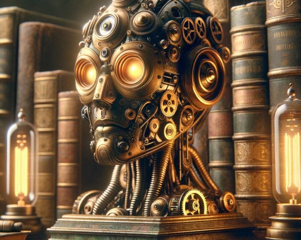 Steampunk Robotic Head with Gears and Vintage Books