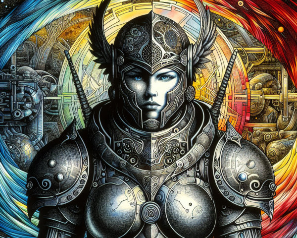 Warrior in Intricate Armor with Cosmic Background