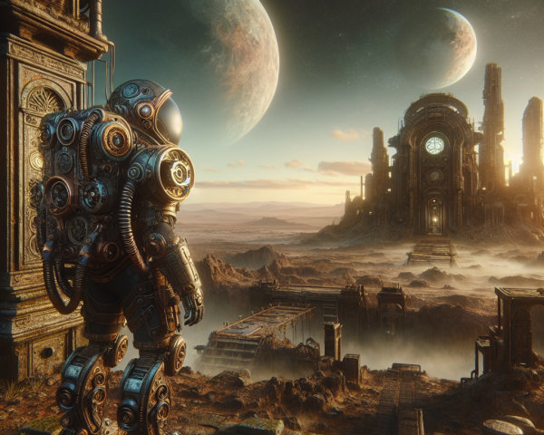 Futuristic Robot Overlooks Decaying City Landscape