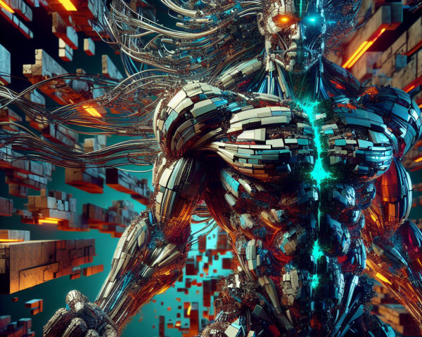 Futuristic Humanoid Robot in Dynamic Geometric Scene