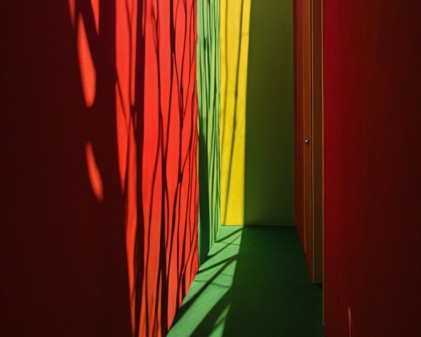 Vibrant Hallway with Colorful Walls and Dramatic Shadows