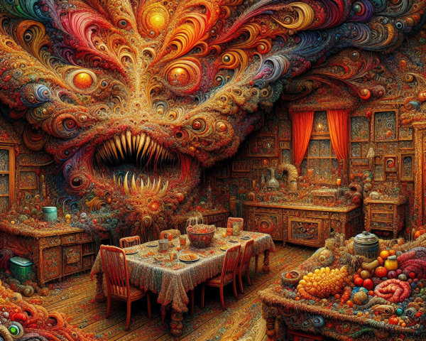 Surreal Kitchen Scene with Ethereal Face and Colorful Details
