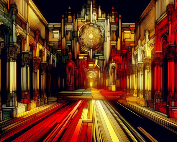 Surreal Architectural Space with Vibrant Colors and Depth