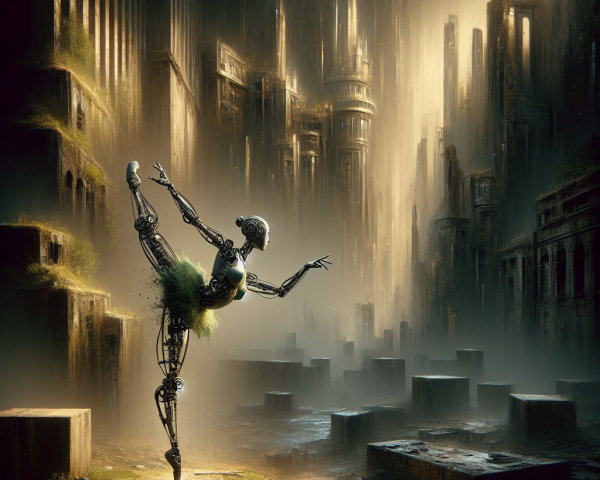 Robot Ballerina in Futuristic Abandoned Cityscape