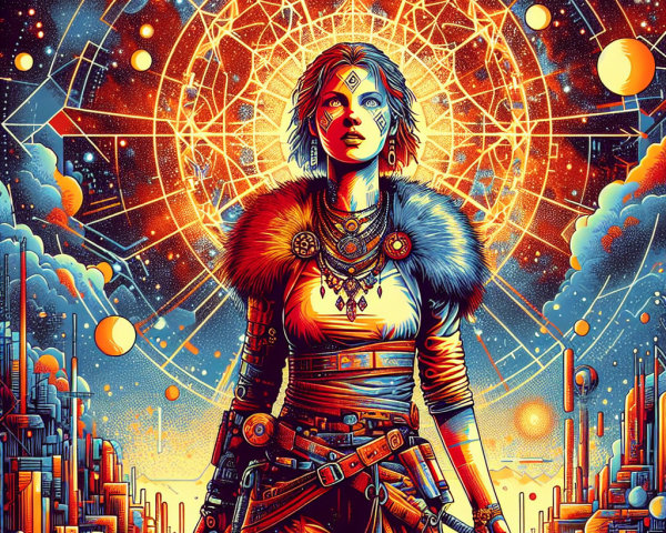 Fierce Warrior in Cosmic Setting with Intricate Details