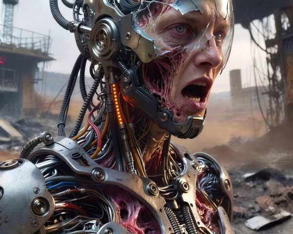 Close-Up of a Fearful Cyborg with Exposed Flesh