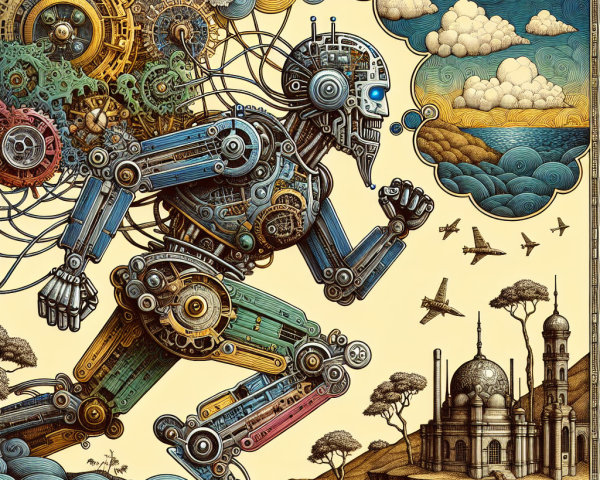 Vintage Woodcut Illustration of Steampunk Robot Running