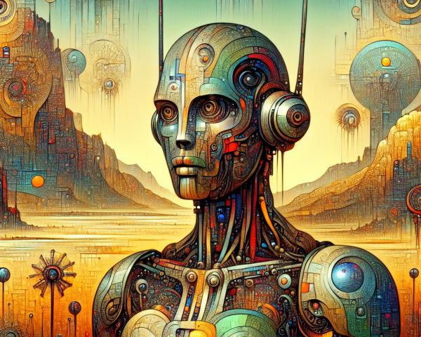 Intricate Cyborg in Alien Landscape with Mountains