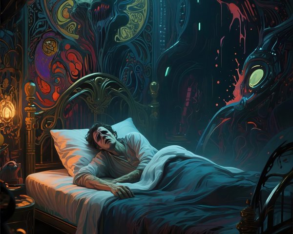 Horror Painting of Distressed Man in Bed at Night