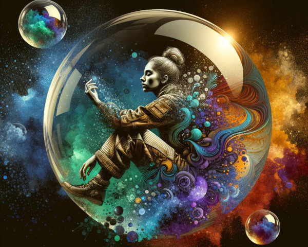 Digital Illustration of a Woman in a Cosmic Bubble