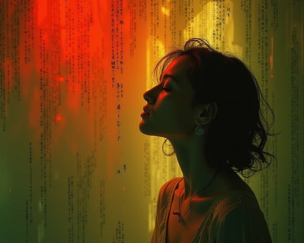 Silhouette of a Woman with Glowing Text Background