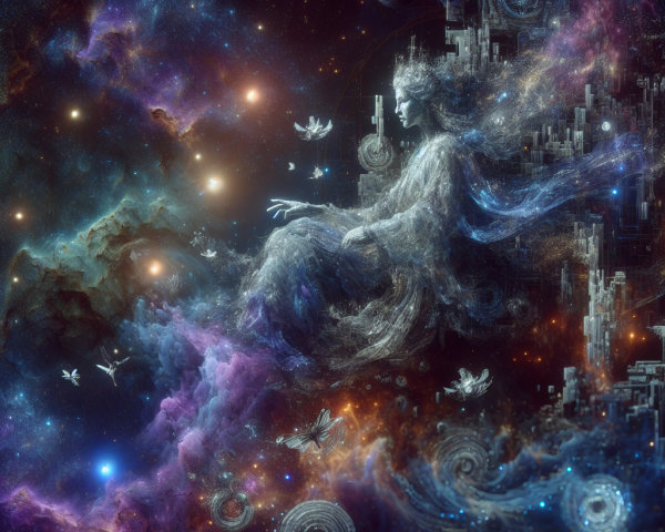 Celestial Figure in Vibrant Cosmic Landscape