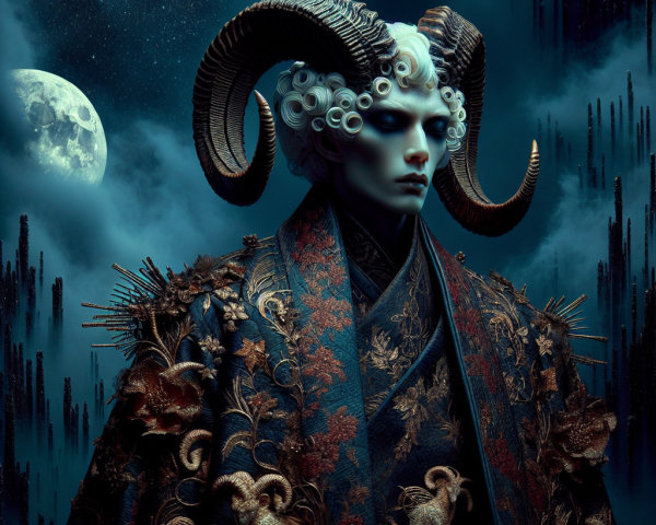 Majestic figure in kimono under full moonlight