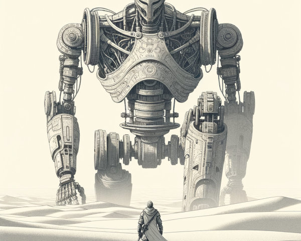 Robot Towering Over Cloaked Figure in Sandy Landscape