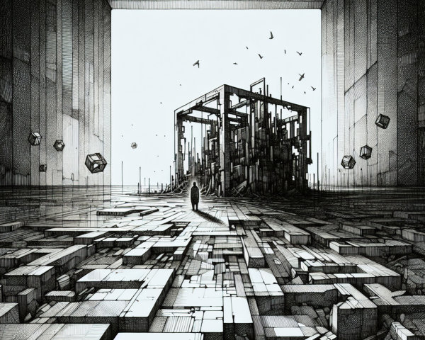 Surreal Landscape with Geometric Shapes and Cubes