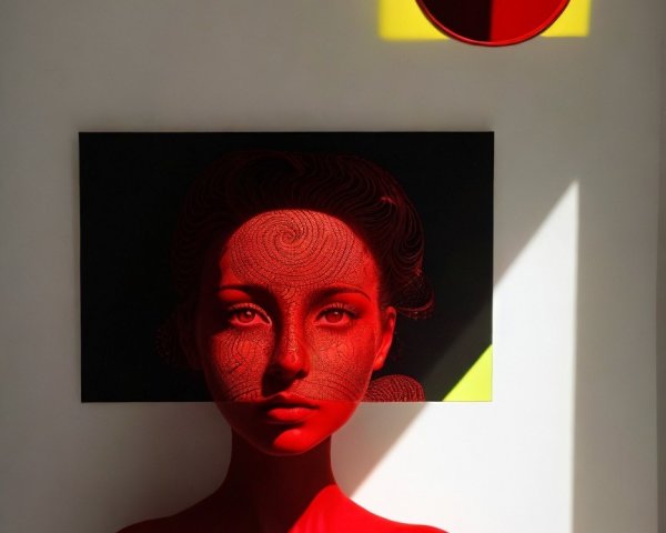 Stylized Portrait of Woman with Red Patterns and Shapes
