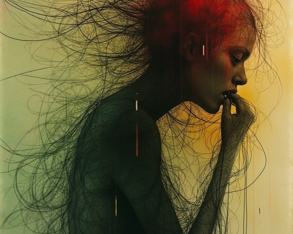 Silhouette Figure with Flowing Strands on Vibrant Background