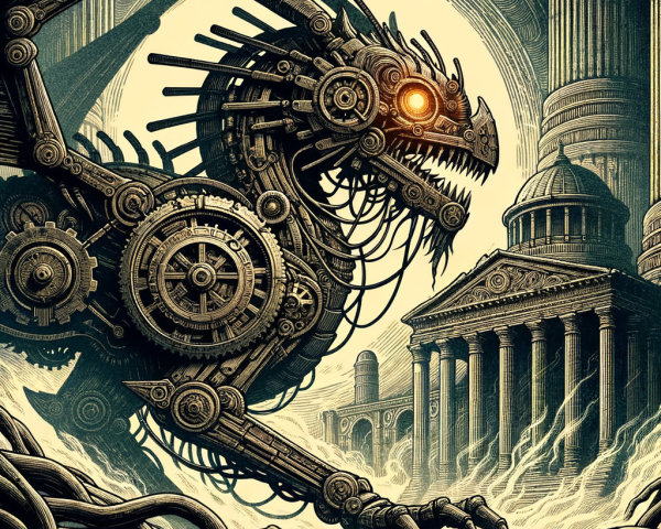 Mechanical Dragon Over Ancient Temple with Vines