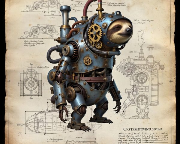 Anthropomorphic robotic sloth in steampunk armor