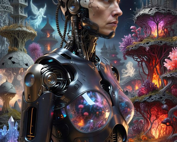 Cyborg Woman in Futuristic Otherworldly Landscape